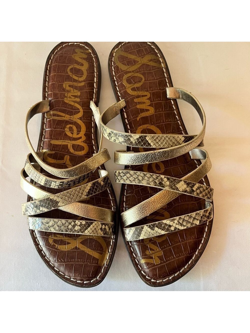 Sam Edelman Gold Metallic Snake Print Strappy Sandals - Picture 5 of 5
